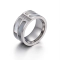 Silver wide band ring featuring white mother of pearl inlay and sparkling zircon crystals - US 6 / 10mm Silver (KR39018-K)