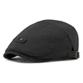 Classic black linen beret hat with adjustable metal buckle and retro side detail - Adjustable / Black