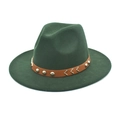 Detail of dark green wool fedora hat with brown leather band and gold rivet accents - M (56-58cm) / Dark Green