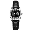 Fashion business watch featuring a silver case, black leather strap, and calendar window - Black Strap Silver Case Black Dial Women's