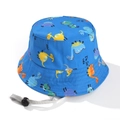 Detail view of blue bucket hat with cartoon dinosaurs and adjustable windproof strap - 50CM(0-5 Years) / Dark Blue