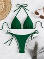 Deep green triangle cup bikini set with side tie bottoms on marble background - Dark Green (Bikini Set)