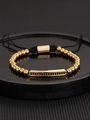 Adjustable golden bead bracelet featuring black zircon rectangular plate and woven cord - Gold Bar Bracelet