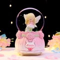 Pink crystal ball music box with embossed rabbit base and glowing fairy night light - 2514 Pink Base / Medium 80# LED Light+Music