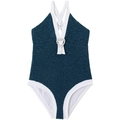 Detail of teal seersucker girls swimsuit with white trim and heart pearl ornament - 152 / Haze Blue