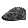 Casquette plate grise style britannique avec motifs de tournesols noirs en coton rigide - Réglable / Noir