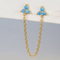 Detailed view of connected gold chain earrings featuring blue zircon flower stud accents - Gold Blue Rhinestone
