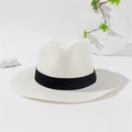 Close-up of white woven Panama fedora hat with black ribbon decoration on white surface - White / M (56-58cm)