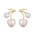 Elegant cherry stud earrings with golden leaves and heart-shaped white shell pearls - Gold White Cherry