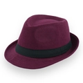 Chapeau Fedora classique en feutre de laine bordeaux avec ruban noir pour automne-hiver - Taille Unique 58cm Circonférence / Rouge Vin - Ruban Noir