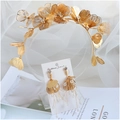 Golden bridal headband and earring set with metal flowers and faux pearl tassels - Headband and Earrings Set