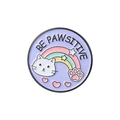 Round purple enamel pin featuring a white cat and rainbow with BE PAWSITIVE text - XZ4388 (Cat-BE PAWSITIVE)
