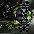 Racing wheel watch with green brake caliper and black strap in quartz movement - T37 Black Steel Strap Hub Green