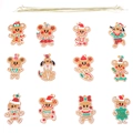 12-piece gingerbread man and Christmas animal PVC ornaments set with golden strings - Cartoon Bear Style