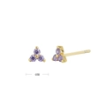 Detail view of 4mm gold triangle stud earrings with three purple round-cut gemstones - 18K Gold Plated 925 Silver - Purple Zirconia