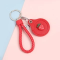 Red leather strawberry keychain case with woven rope and silver metal ring accessory - Hand Strap Style - Red Strawberry