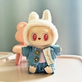 Plush bunny doll outfit featuring blue denim jacket and soft white rabbit ear hat accessory - Double-buckle Denim Three-piece Set / First And Second Generation Keychains Are Compatible With La Cloth Dolls. Dolls Not Included.