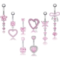 Set of 8 pink zircon butterfly and heart belly rings in surgical stainless steel - Pink Style