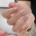 Short minimalist purple and gold shimmering press-on nails with reflective chrome finish - By1131#purpledrunkengoldenenchantment / Glue Type