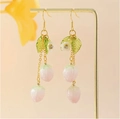 Elegant lily of the valley earrings with pink flower buds and green leaves on gold hooks - Pink & White Lily of the Valley Style (FN1006-3)