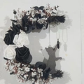 Gothic crescent moon wreath with black and white roses and grey cat silhouette - White Flowers Black and White Roses