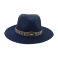Chapeau de paille bleu marine avec ruban jacquard ethnique et pierre turquoise - Chapeau de Paille Bleu Marine (Pierre Bleue Ovale)