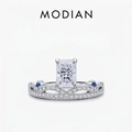 Eleganter S925 Silberring mit rechteckigem Zirkonia und blauen Saphir-Akzenten - US Größe 5 / Silber