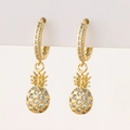 Macro shot of gold pineapple drop earrings featuring pavé micro-set clear zircon crystals - P-Pineapple
