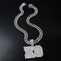 Iced out silver cuban link chain with square RD letter pendant and sparkling diamonds - Silver (KO) - With 50cm Cuban Chain