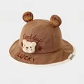 Detail of brown cotton kids bucket hat with plush bear ears and Lucky embroidery - 50cm(1-2 Years) / Coffee