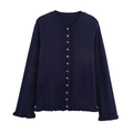 Donkerblauw gebreid damesvest met ruches aan de randen en een knoopsluiting aan de voorkant - S / Marineblauw