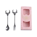 304 stainless steel bull head spoon and fork gift set in silver finish and pink packaging - Black Spoon Fork Set + Pink Box