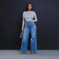 Women's high waist ripped wide leg jeans in light blue paired with grey knit top - S / Dark Blue