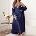 Conjunto de pijama de satén azul marino para mujer con camisón largo y bata con encaje - S / Conjunto de 2 piezas (camisón + bata) / Azul Marino