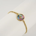Gold stainless steel Figaro bracelet featuring a round colorful shell pendant with letter Y - Abalone Shell / Letter Y / Colorful