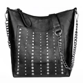 Retro black PU leather tote bag with metallic rivet accents and chain strap detail - Style 4 / Black