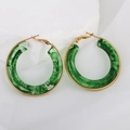 Exaggerated gold earrings with green marble resin inlay and secure lever-back closure - Dark Green