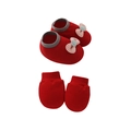 Red knitted baby booties and mittens set for newborns with soft cotton texture - Deep Red Bear - Mittens & Booties Set
