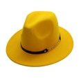 Detail of yellow wool felt fedora featuring a black ribbon and gold chain ornament - One Size / Ginger Yellow