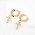 Minimalist gold stainless steel hoop earrings with hanging cross pendants on white background - Cross