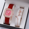 Detail view of a luxury square diamond watch with red PU strap and rose gold floral bracelet - Red (Watch with Bracelet)