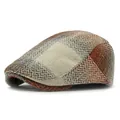 Vintage herringbone plaid beret hat in brown and grey tweed with a flat peak design - Adjustable / Orange