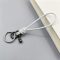Handcrafted white leather cord keychain with metallic ring and bell pendant accessory - White Leather Silver Horseshoe Buckle with Bead