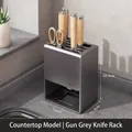 Gunmetal kitchen knife block in sleek vertical design with wood handle tools - Basic Style / Gunmetal