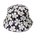 Navy blue reversible cotton sun hat with large white floral print and yellow accents - M (56-58cm) / Navy Blue
