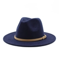Dark blue woolen jazz fedora hat with a brown leather belt and golden metal buckle - One Size(58cm) / Navy Blue