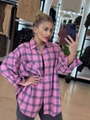 Pink checkered oversized long sleeve shirt for women with collar and chest pocket - S / Pink