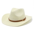 Détail d'un chapeau de cowboy en paille avec bande en cuir marron et boucle dorée décorative - M(56-58cm) / Blanc Cassé