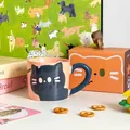 Pink ceramic kitten mug with black cat motif and orange gift box packaging - Gift Box With Handle / Blue