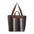 Striped canvas tote bag in black and grey with brown leather handles and trims - Black